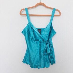 Y2K Bisou‎ Bisou Womens Babydoll Top Size 10 Blue Satin Wrap Tank Party 2000s